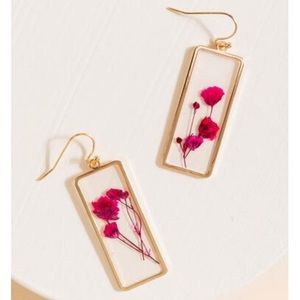 Francesca's Collection Real Pressed Jade Pink Flower Rectangle Drop Earrings!!